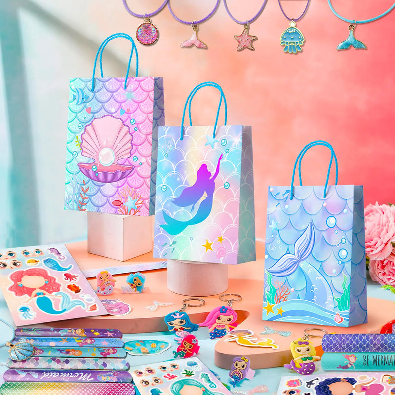 84pcs Mermaid Party Favors for Boys and Girls with Mermaid Birthday Rings Keychain Slap Bracelets Bags Hair Clips Necklace etc