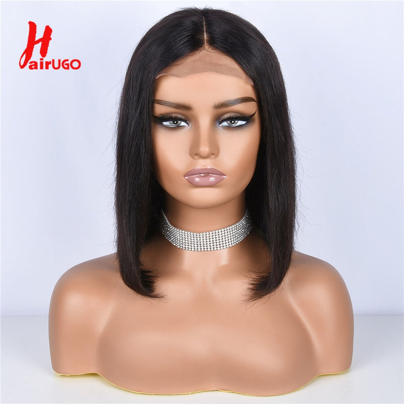 HairUGo – perruque Bob Lace Closure Wig Remy brésilienne naturelle, cheveux courts lisses, 13*1 T, 4x4, pre-plucked, pour femmes