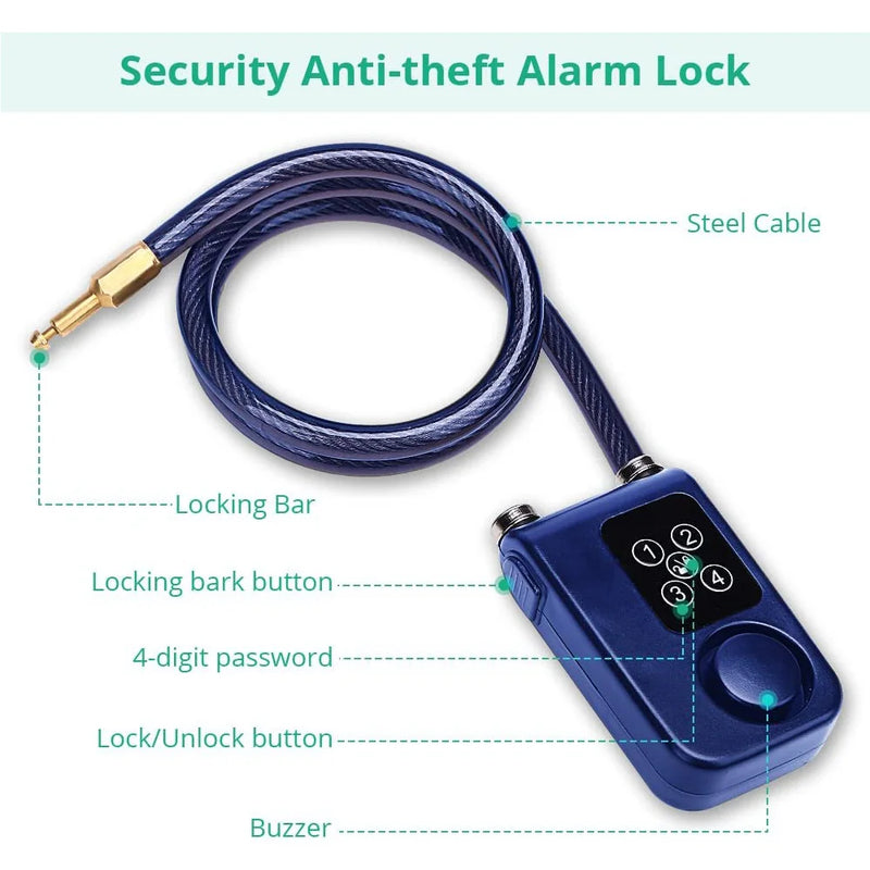 WSDCAM Bike Lock Anti-Theft Security Wireless Remote Control Alarm Lock 4-Digit Password Alarm IP55 Waterproof for Oudoor