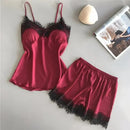 Women's Ice Silk Pajama Suits Fashion V-Neck Lace Stretch Satin Seamless Sexy Lingerie Homewear Pyjamas Shorts Set Sleepwear New