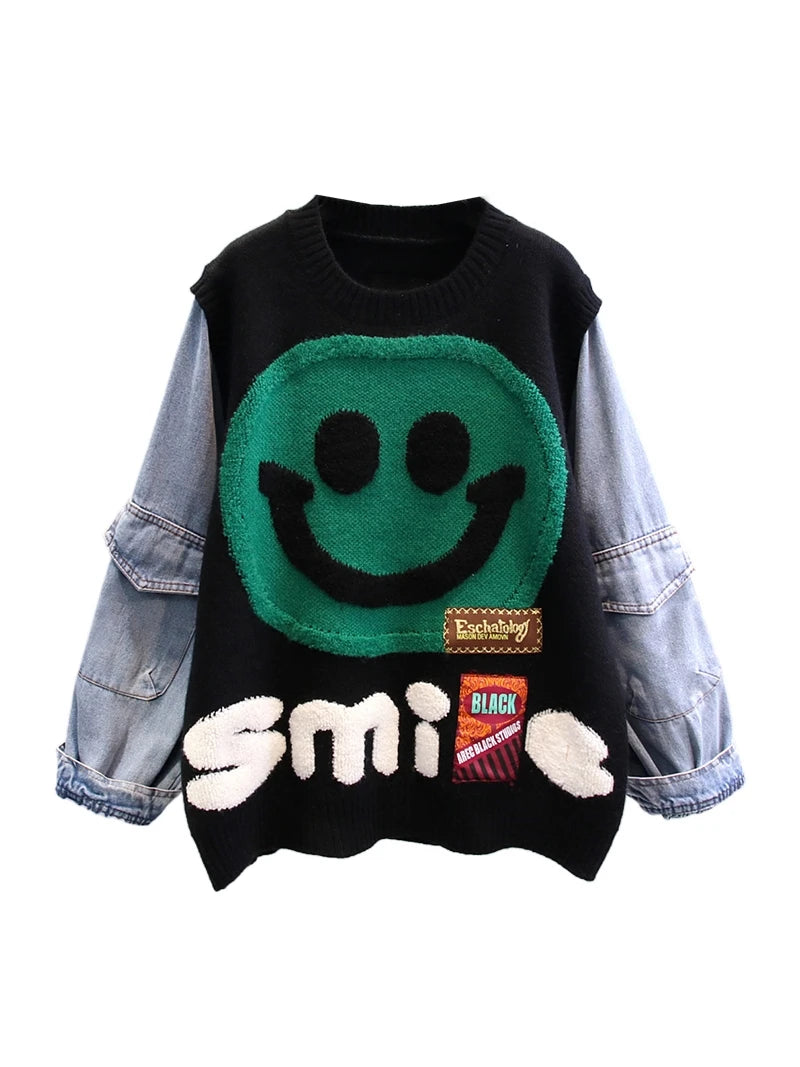 Smiling Face Loose Sweater Tops Women Denim Sleeve Round Neck Pullover Jumpers Winter Fashion Streetwear Stylish Chic Knitwear