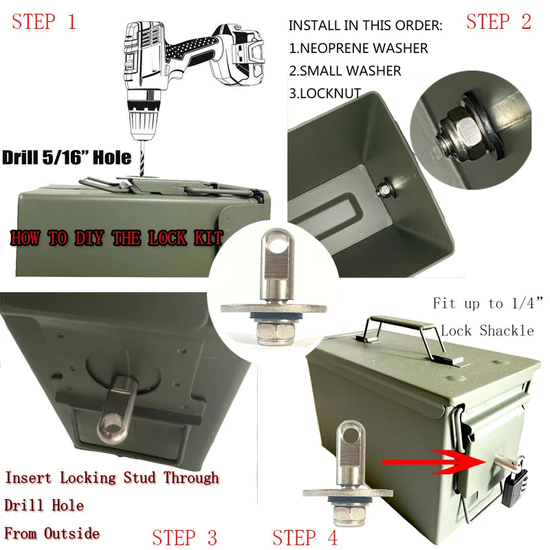 50 Cal Ammo Box Can Steel Gun Lock Hardware Kit Ammunition Gun Safe Box Military Army Case Bolt Set 40mm Pistol Bullet Storage