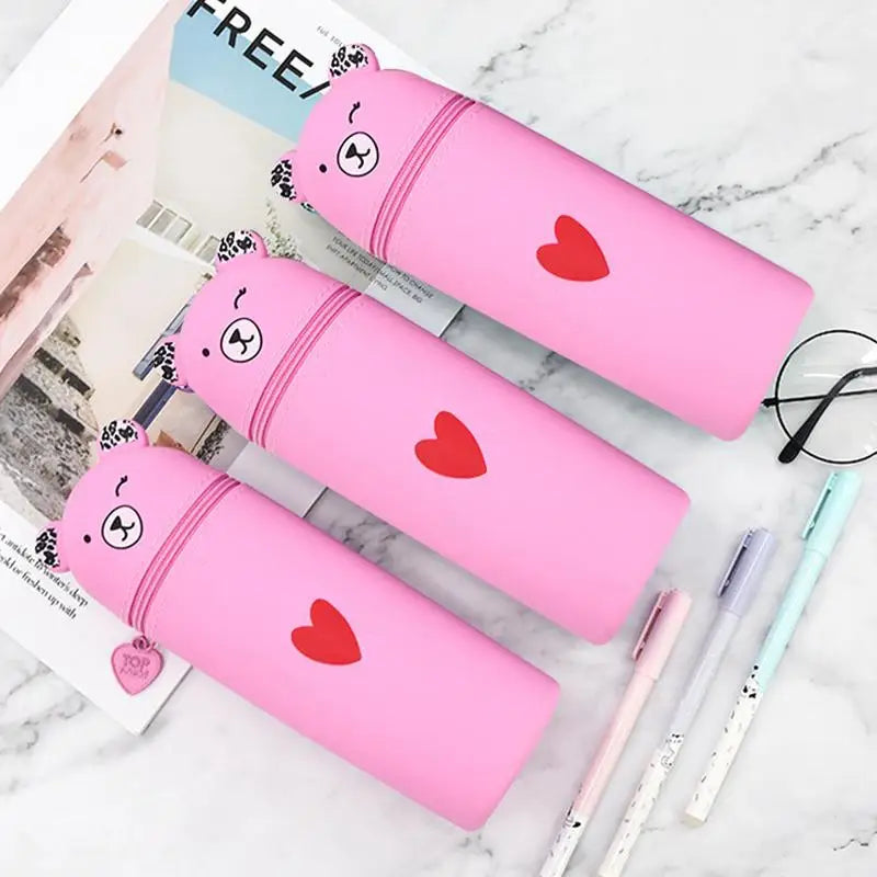 Cute Silicone Pencil Case Portable Cartoon Bear Stationery Storage Bag Pen Holder Container Large Capacity Desk Organizer