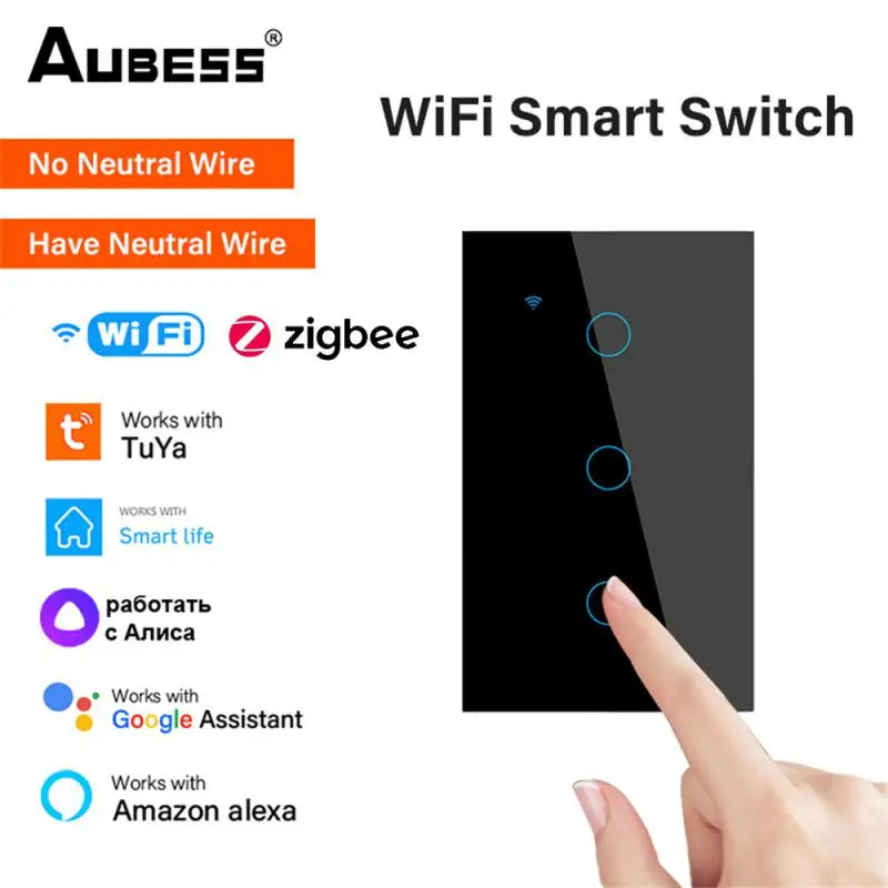 AUBESS Tuya WiFi/Zigbee Smart Light Switch, Wall Touch Switch Work With Alexa Google Home, Neutral Wire/No Neutral Wire Required