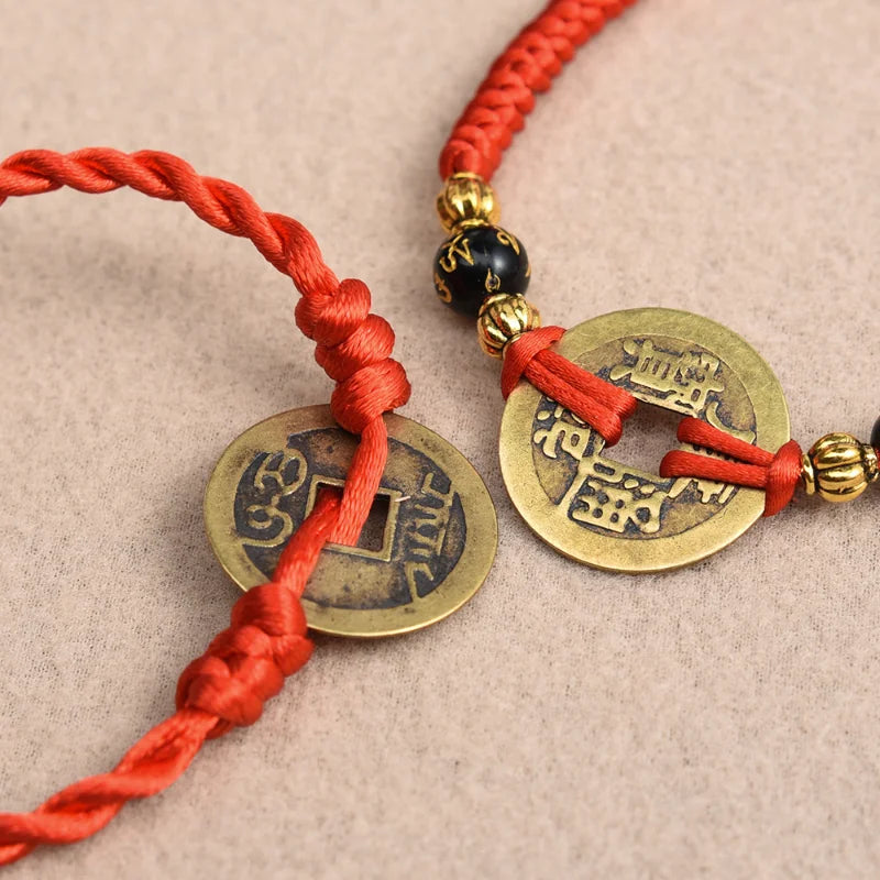 Lucky Red String Feng Shui Copper Coin Bracelet Bangle Handmade Adjustable Attract Money Wealth Bracelet for Women Men