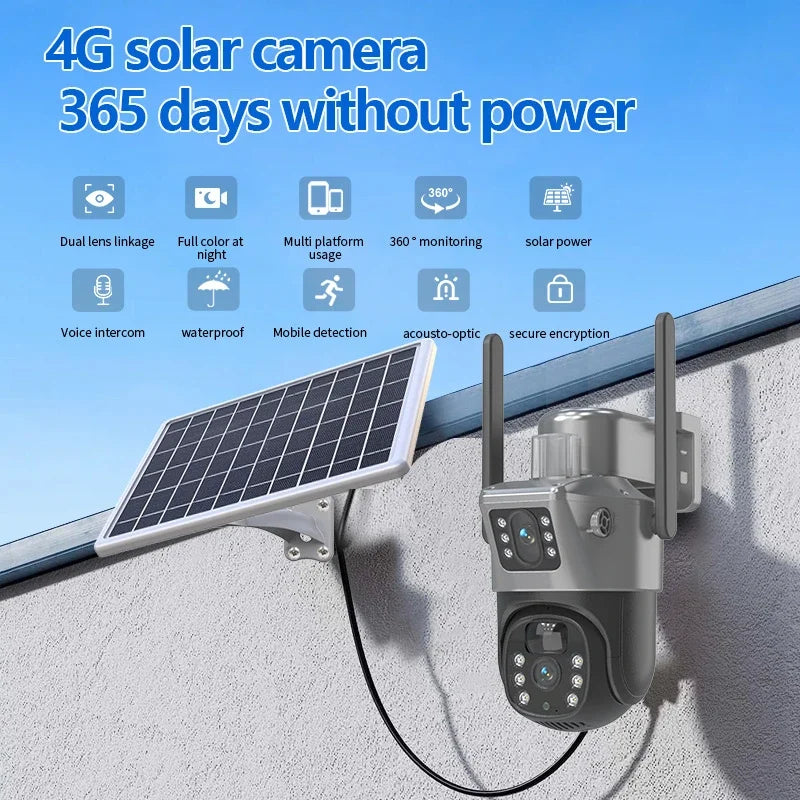 4MP WIFI 4G Wireless PTZ Solar Camera Dual Lens Dual Screen Outdoor IP Camera Solar Panel Audio PIR Security Surveillance Camera