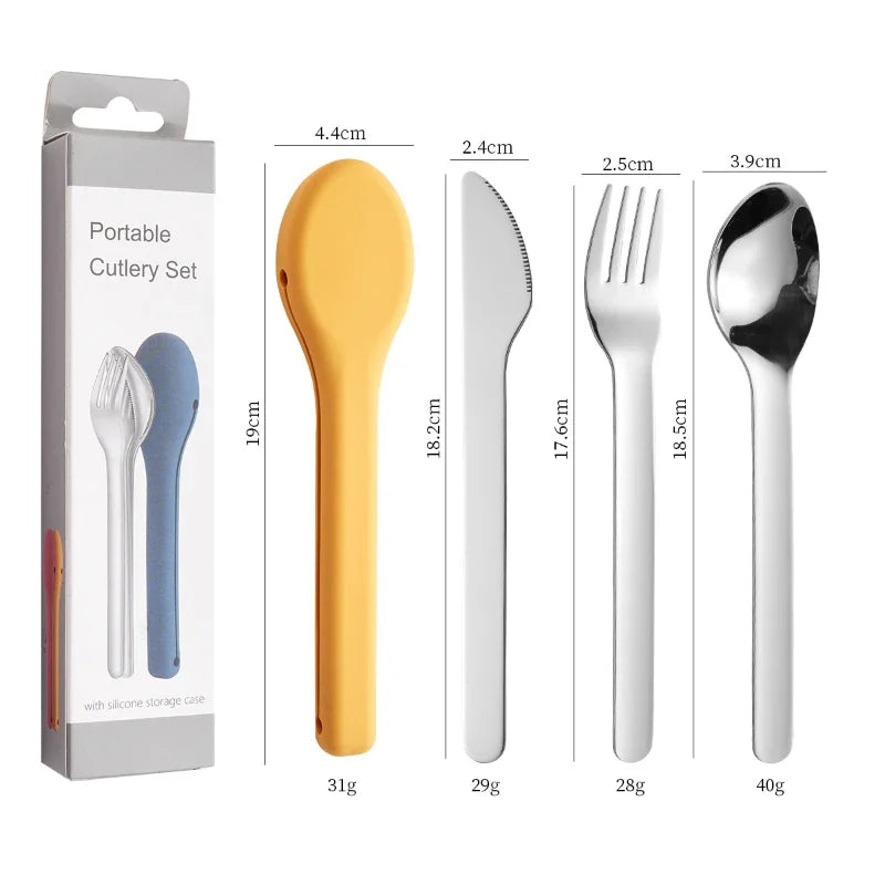 Portable Stainless Steel Cutlery Set, Suitable for Work, School, Picnic, Camping, Travel, Reusable Silicone Portable Cutlery Set