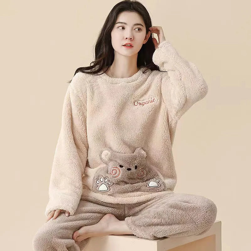 Autumn Winter Thick Coral Velvet Long Sleeve cute Cartoon Sleepwear Warm Flannel Women Pyjamas Sets Flannel Pajamas Set for Girl