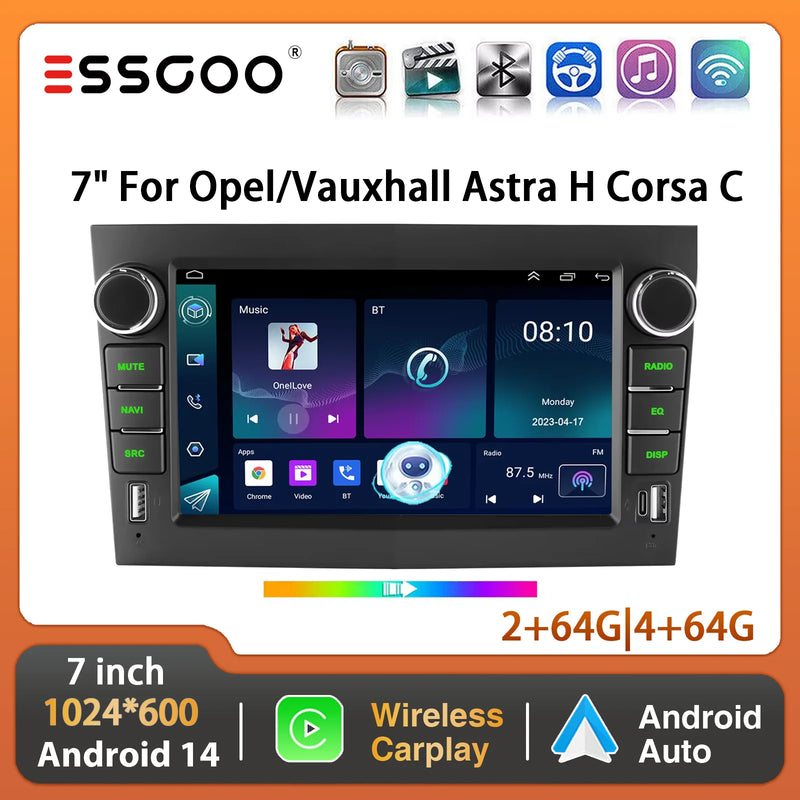 ESSGOO Android 14 Car Radio GPS Navi DAB For Opel/Vauxhall Astra H Corsa C D Zafira B Wireless Carplay Android Auto 64G AI Voice