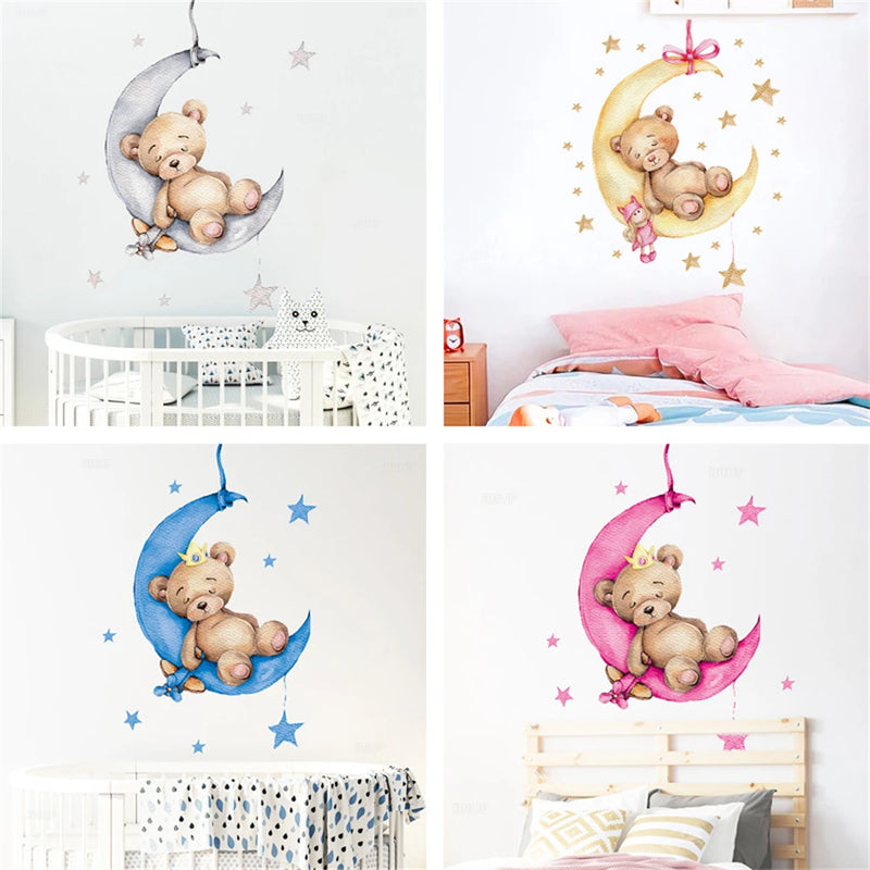 Moon Stars Wall Stickers Cartoon Teddy Bear Sleeping PVC Artistic Wall Decal For Kids Room Home Decoration Stickers Interior