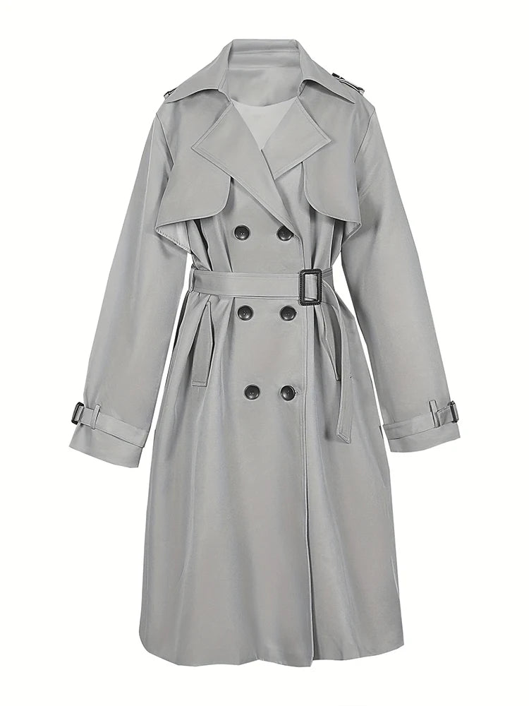 2023 Autumn And Winter New Solid Colour Double Row Of Buttons To Lengthen The Trench Coat Simple Style With Waist Lapel Coat