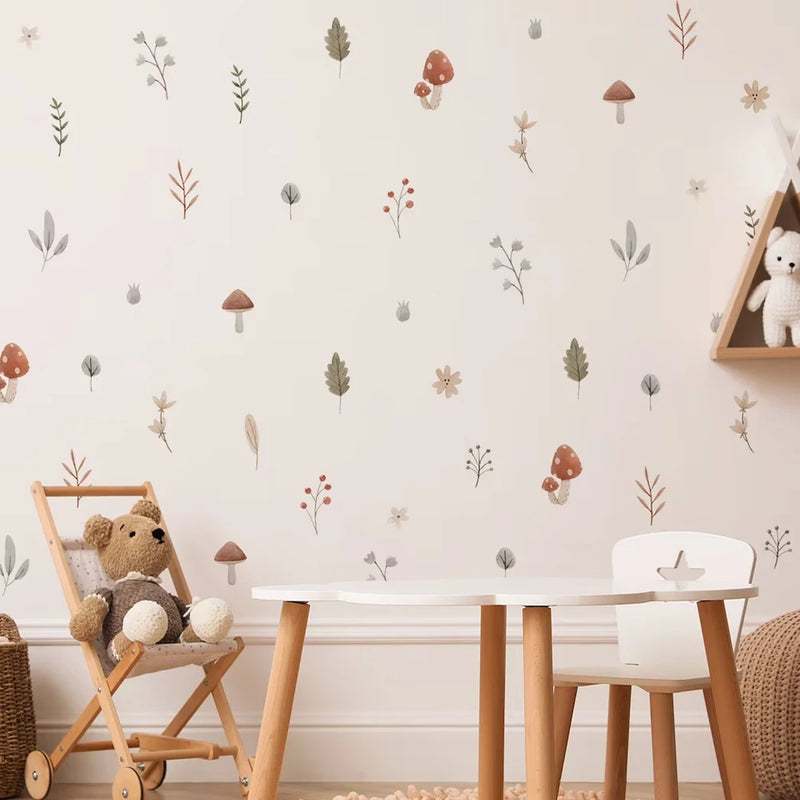 Boho Cartoon Pattern Mushroom Leaves Nursery Wall Decals Removable DIY Vinyl Wall Sticker Kids Room Interior Home Decor Gifts