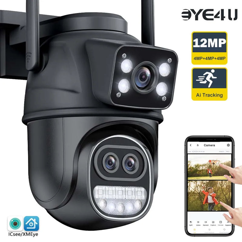 12MP 6K Security WiFi Camera Zoom Three Lens Dual Screens Outdoor PTZ  Cameras Auto Tracking 4K 8MP CCTV Video Surveillance Cam