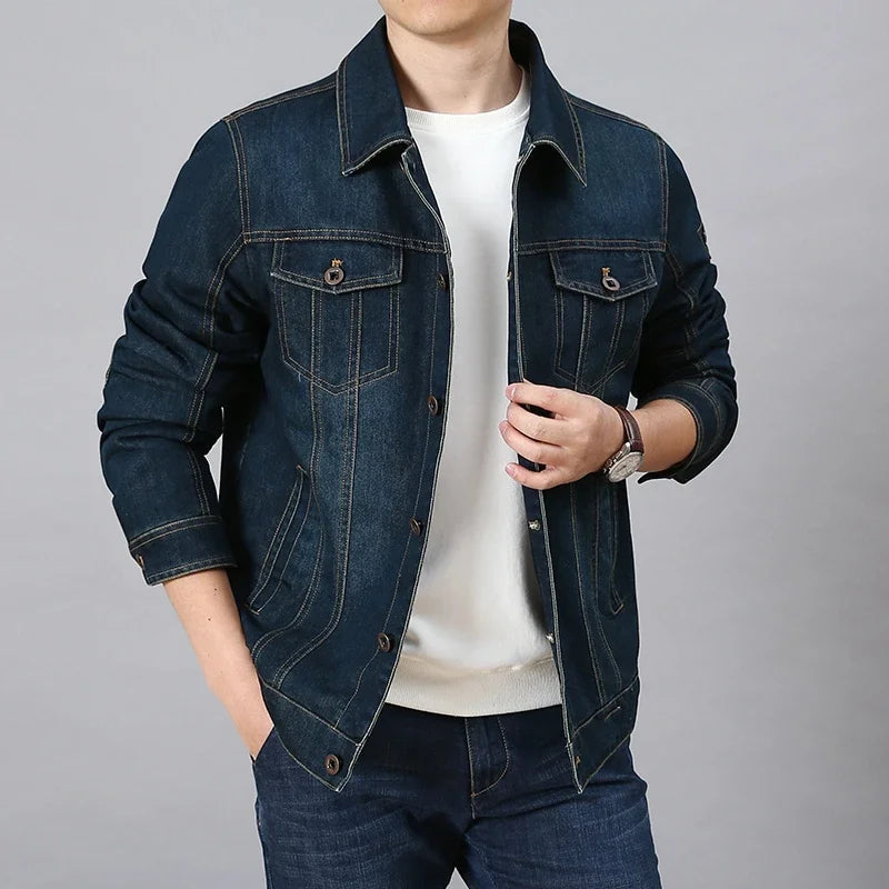 casual denim jacket, spring and autumn style Jeans Coat for Men Light Denim jacket, men's multi bag retro denim jacket
