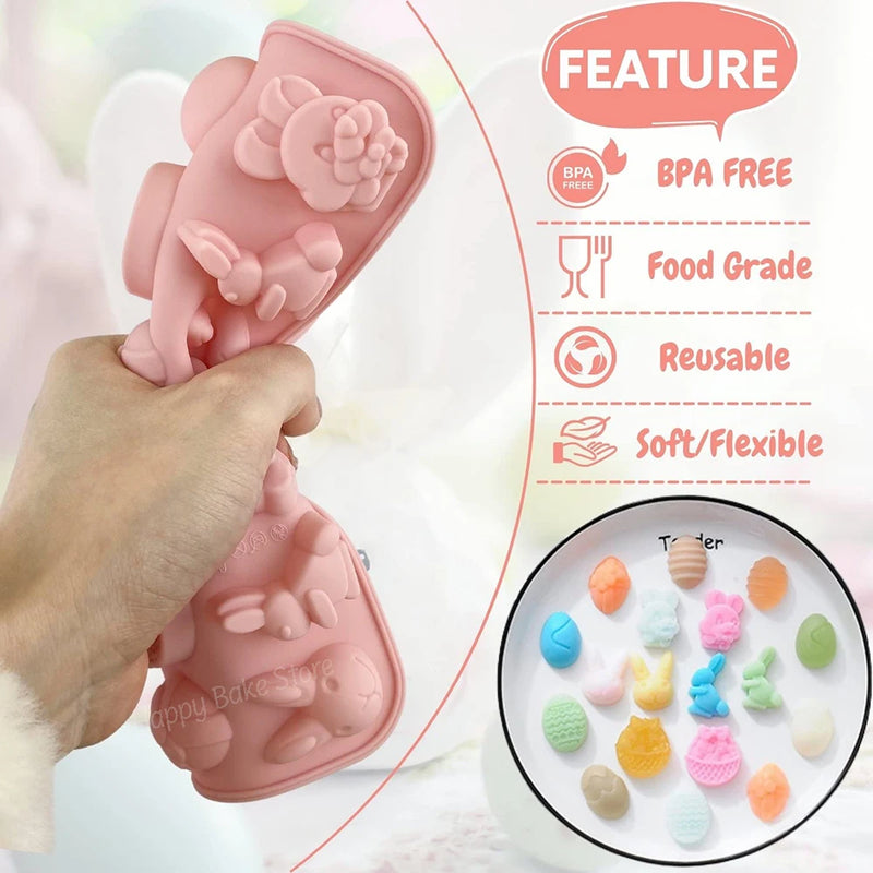 18-Cavity Easter Silicone Chocolate Mold Egg Rabbit Bunny Shaped Mould Candy Jelly Cocoa Bombs Making of Easter Party Decoration