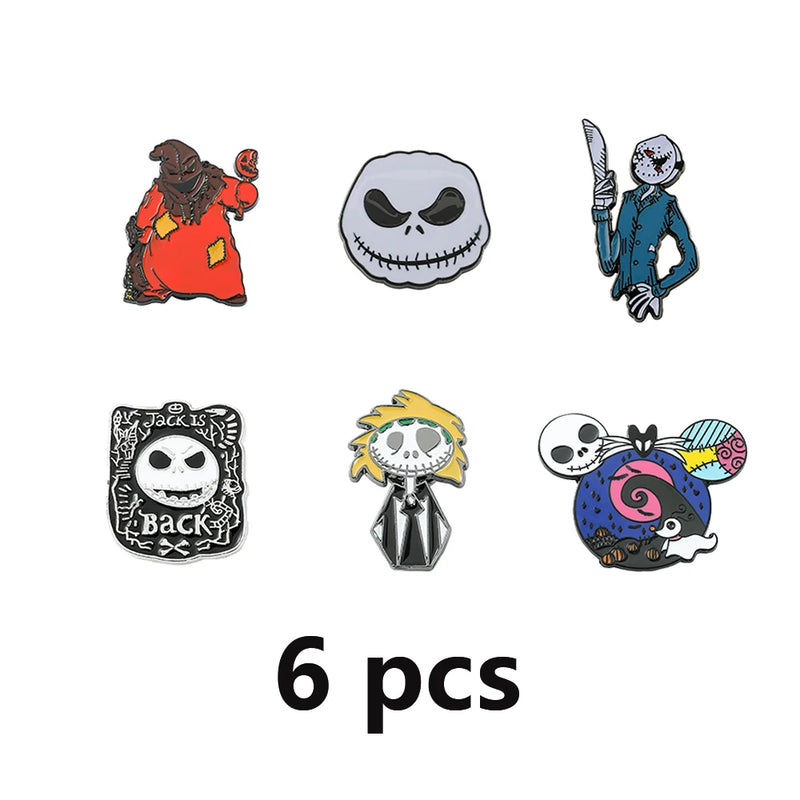 6 Pcs Terror The Nightmare Before Christmas Brooch Cartoon  Jack Skellington Sally Maleficent Enamel Pin Metal Badge Jewelry