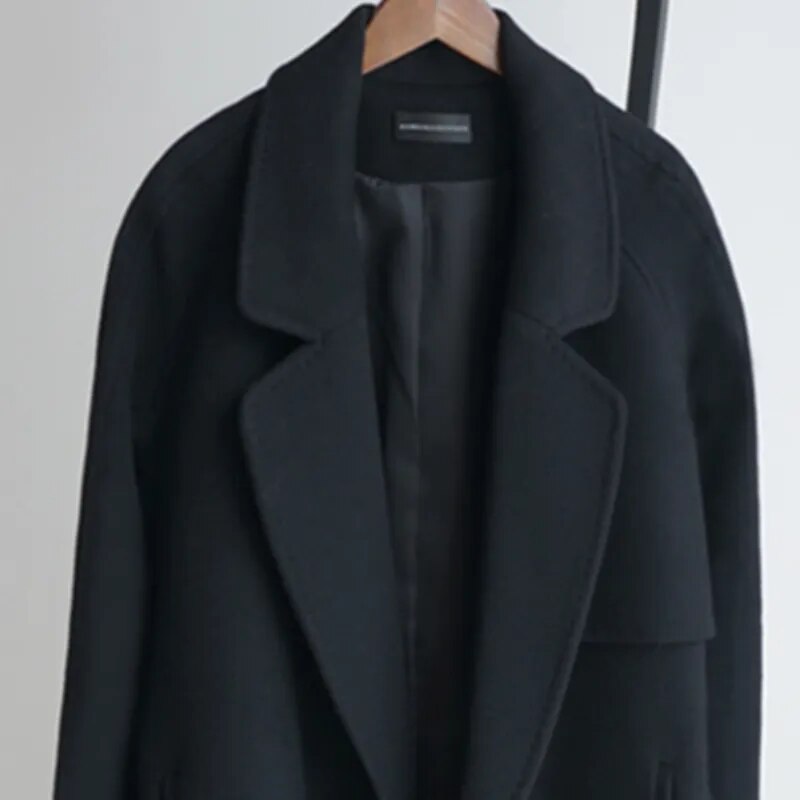 Fall/Winter 2023 Black Woolen Coat Women's Fashion Coat Loose Belt Temperament Is Thin Casual Wool Coat Trench Office Lady Long