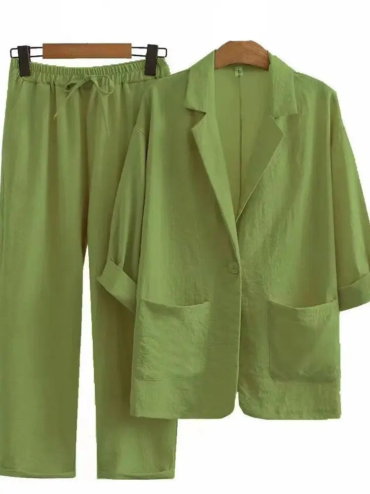 New European and American women's autumn commuting suit set, cotton and linen jacket pants, loose and fashionable casual wear