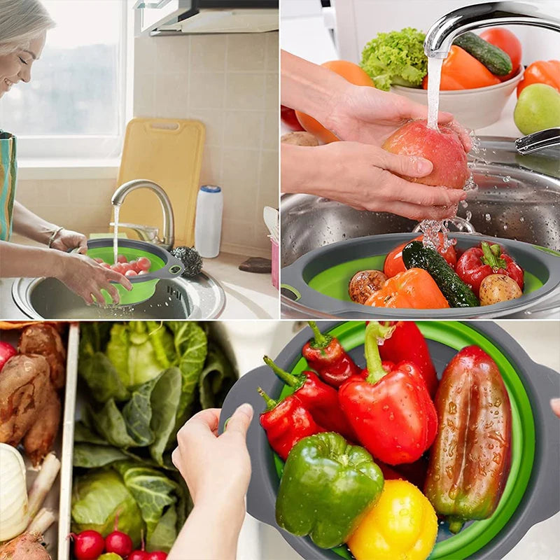 2 Pcs/Set Foldable Silicone Colander Fruit Vegetable Washing Basket Strainer With Handle Strainer Collapsible Drainer