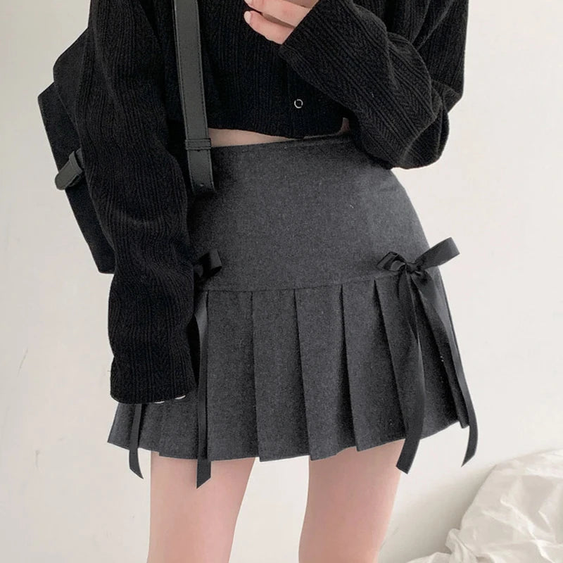 IAMHOTTY Cute Double Bow A-line Pleated Knitted Skirt High Waist Mini Skirts Preppy Style Sweeet Girls Streetwear Korean Outfits
