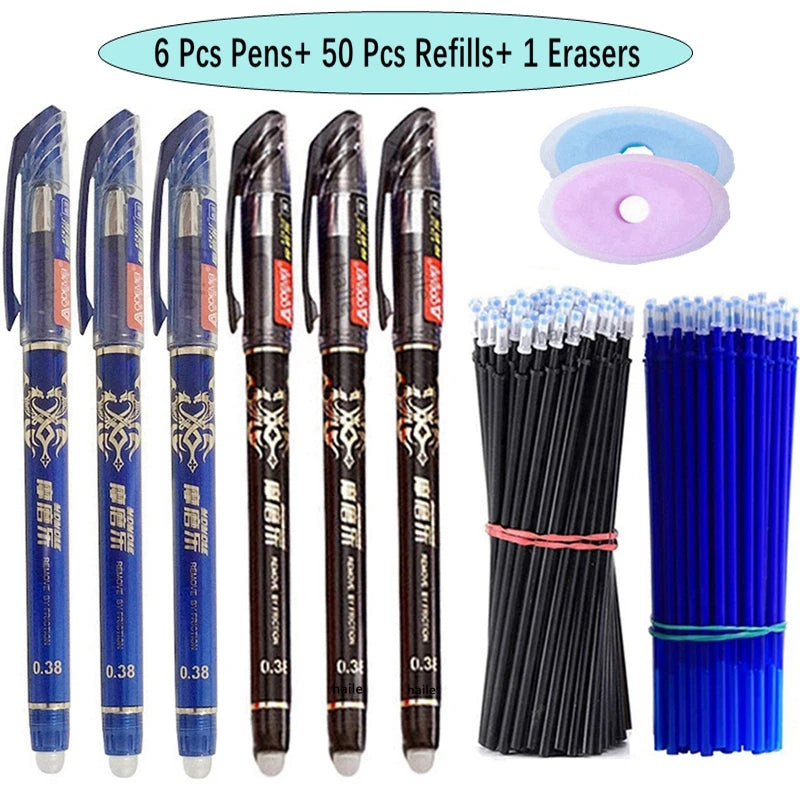 57Pcs/Set Erasable Gel Pens Black Blue Refill Rod 0.5mm Ballpoint Pen Washable Handle School Office Writing Supplies Stationery