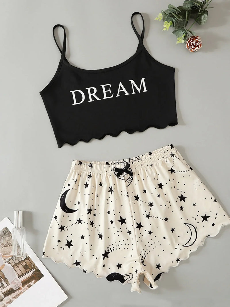 Summer Sleepwear for Women Pajamas Set Star Moon Printed Sleeveless Sling Crop Tops and Shorts Set Homewear Loungewear Pijama