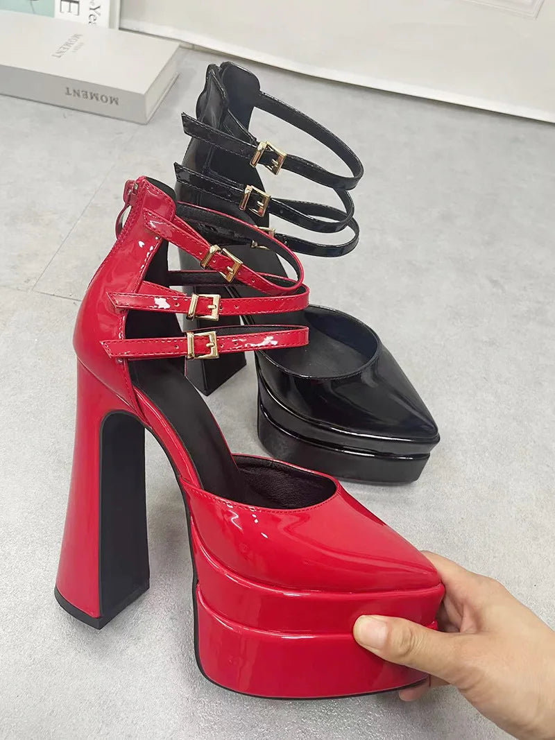 Sexy Pointed Toe Buckle Platform Super High Heels Sandals for Women 2023  leather Party Shoes Woman Pumps