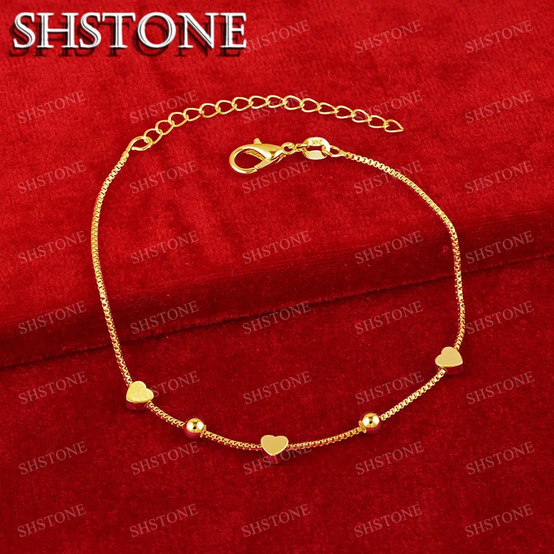 SHSTONE 18K Gold Solid Heart Beads Bracelet For Woman Fashion Charm Jewelry Lady Cute Hand Chain Wedding Bangles Birthday Gifts