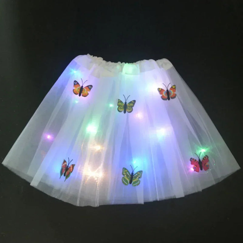 Princess Girl Butterfly Light Fairy Tutu LED Skirt Glow Flower Headband Birthday Gift Fancy Party Christmas Halloween Festival