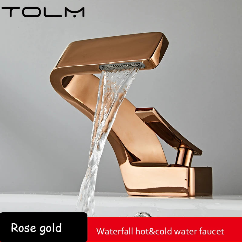 TOLM Brass Black Gold Basin Faucet Bathroom Sink Faucets Hot Cold Water Mixer Crane Deck Mounted Single Handle Hole Bath Kitchen