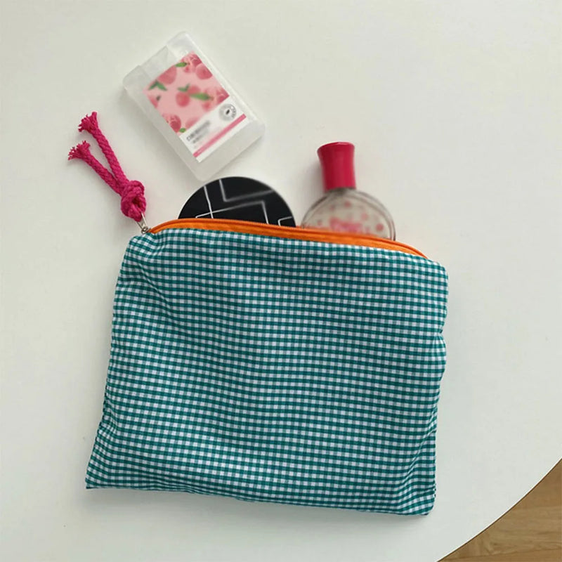 Korean Style Plaid Zipper Pencil Case Portable Office Desk Organizer Large Capacity Stationery Storage Pouch School Supplies