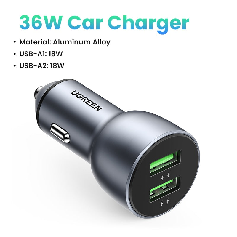 UGREEN 36W QC Car Charger Quick Charge 3.0 for Samsung Fast Car Charging for Xiaomi iPhone 14 13 QC3.0 Mobile Phone USB Charger