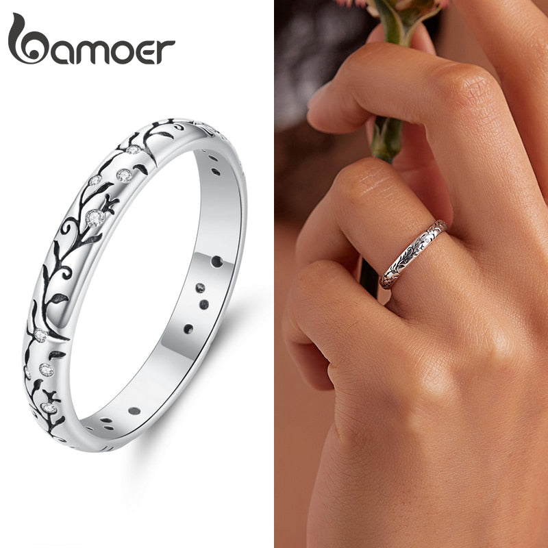 Bamoer Vintage 925 Sterling Silver Embossed Vintage Pattern Ring for Women Simple Silver Ring Fine Jewelry Luxury Brand Gift