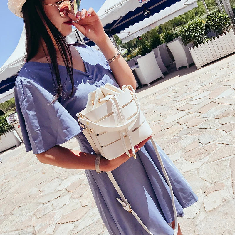 Women's Fashion Versatile Small Solid Color Messenger Bag Drawstring PU Leather Bucket Bag Women's Shoulder Handbag