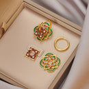 Ethnic Chinese Colorful Enamel Earrings for Women Retro Design Gold Plated Flower Shaped Multiple Wear Ways Luxury Jewelry Gifts