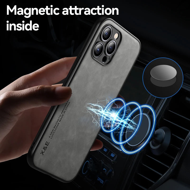 Luxury Leather Case For iPhone 15 14 13 12 11 Pro Max Mini XR XS 8 7 Plus SE 2020 2022 Cover With Metal Plate Support Car Holder