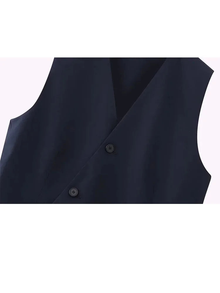 HH TRAF Female V-neck Waistcoat Pants Suit Asymmetric Sleeveless Single Breasted Vest Casual High Waist Straight Leg Loose Pants