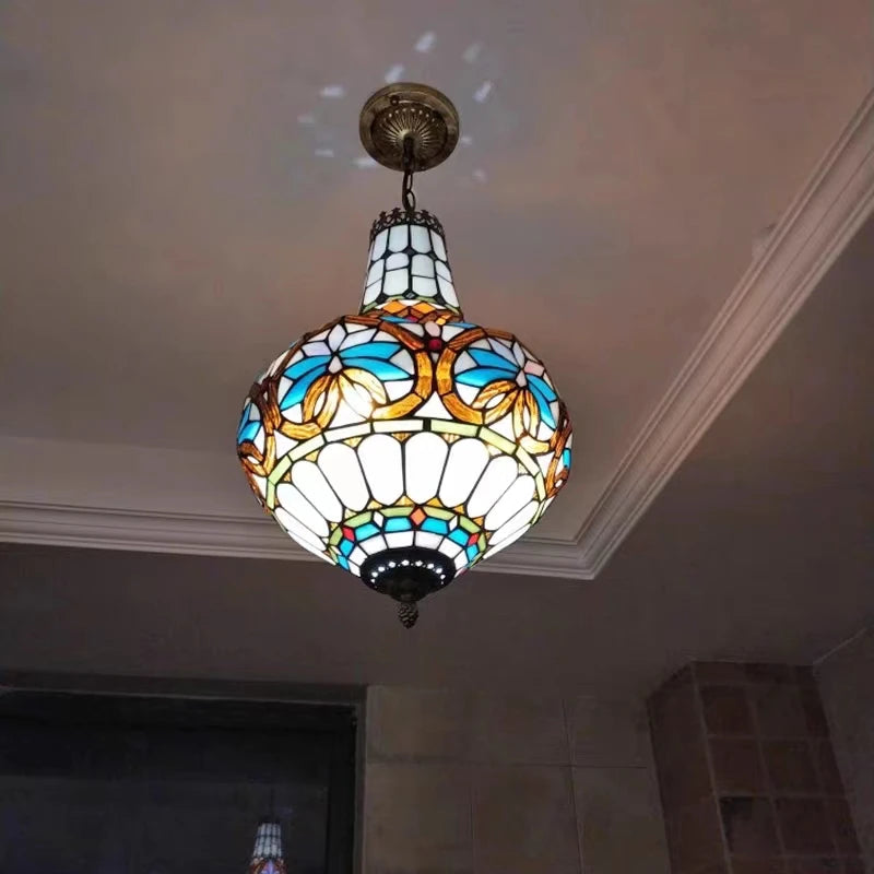 Tiffany Mediterranean Living Room Bedroom Dining Room Chandelier  Mediterranean Vintage Stained Glass  Staircase Pendant Lamp