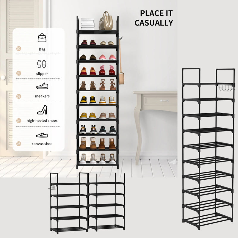 Shoe Rack 10 Tier Shoe Storage Organizer Metal With Hooks Fit 20-25 Pairs Shoes Easy Assembly, Space-Saving.
