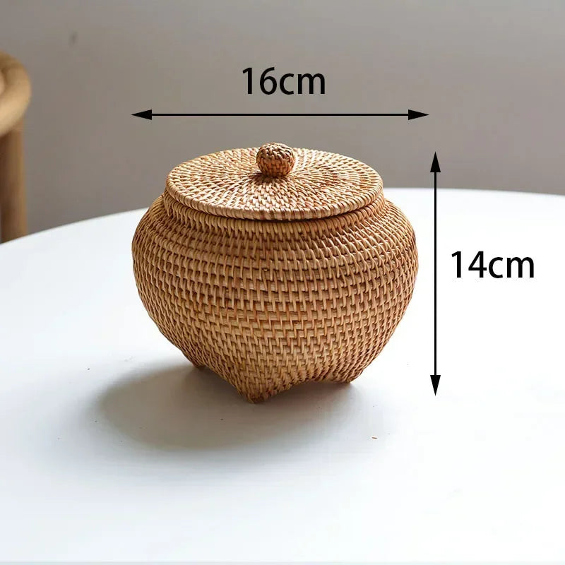 New Round Rattan Boxes with Lid Hand-Woven Multi-Purpose Wicker Tray Desktop Decoration Jewelry Storage Box Make Up Organizer