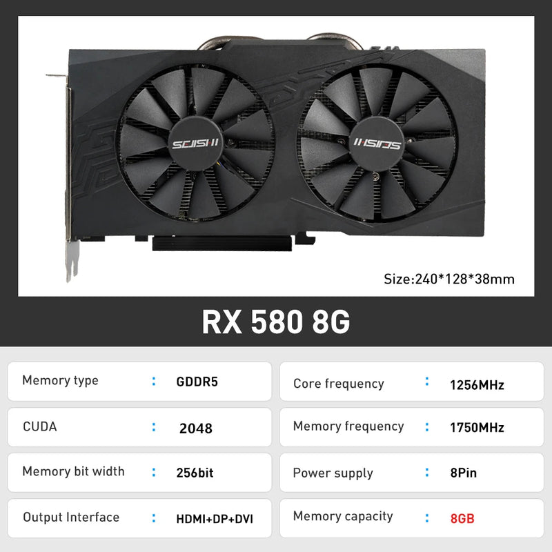 SJS RX 580 8G 256Bit 2048SP GDDR5 AMD GPU RTX 3060 2060 Graphics Cards RX580 Video Card Radeon Mining Gaming Card placa de video