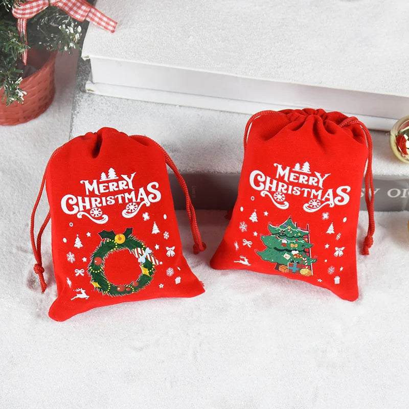 5pcs Red Christmas Velvet Bags Advent Calendar Drawstring Pouch Candy Snack Gift Bag Xmas Jewelry Packing Storage Bags New Year