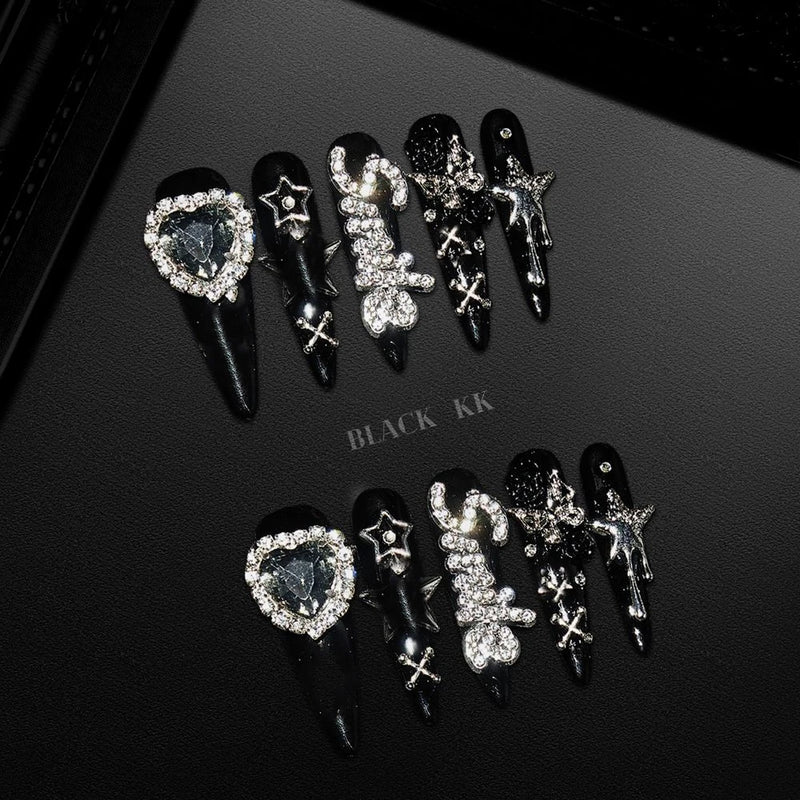 10Pcs Y2K Spicy Girl Long Coffin Handmade Press On Nails 3D Sanrio Hello Kitty Bear Pearl Diamond Pentagram Wearable False Nail