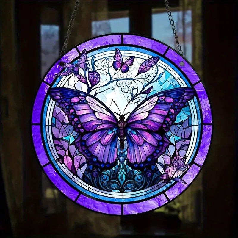 Purple Blue Butterfly Faux Stained Glass Door Hanger WindowHanging Pendant Suncatcher Window Decor GardenLiving Room Decor
