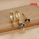 3PCS Stainless Steel Gold Color Four Flower Hoop Earrings Set for Women Elegant Zircon Pendant Huggies Piercing Trendy Jewelry
