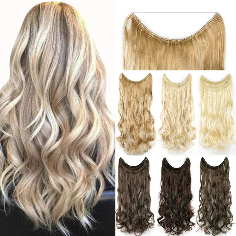 17 Colors Long Gray Blonde Synthetic Hair Hairpieces Extension Fish Line Invisible Wavy Halo Hair Extensions for Women