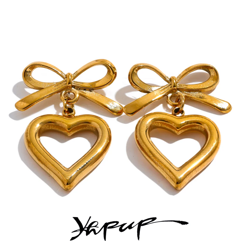 Yhpup New Stainless Steel Bow Tie Heart Love Hollow Drop Earrings Stylish High Quality Gold Plated Earrings Jewelry Waterproof