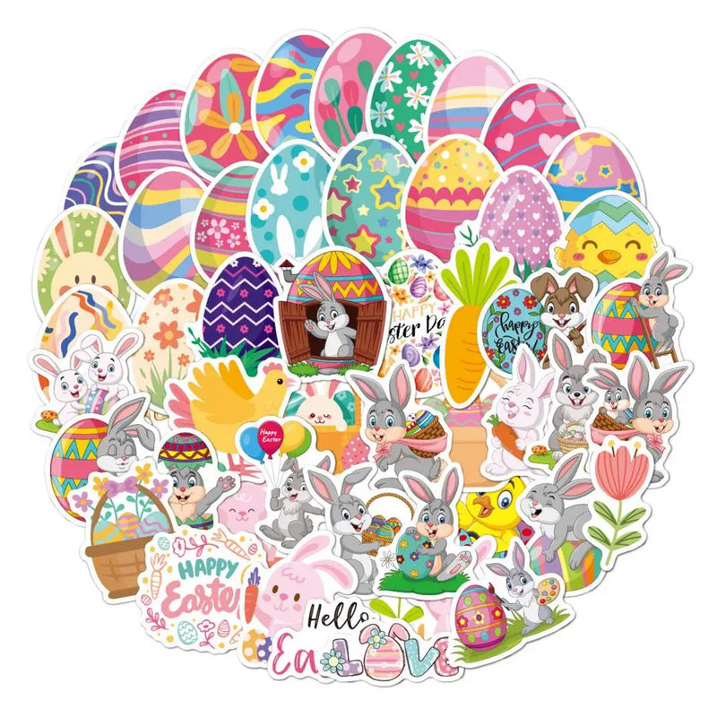 50Pcs Easter Stickers Waterproof Egg Bunny Rabbit Vinyl Stickers Cartoon Cute Sticker  Pack For Kids Water Bottles Laptop Gift