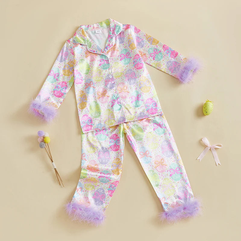 Easter Boys Pajamas Set Bunny Print Cozy Long Sleeve Tops with Matching Pants Sleepwear for Kids