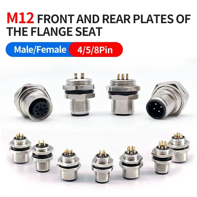 M12 flange mounting sensor connector  front/rear panel waterproof male&female plug screw threaded coupling 4 5 8Pin  connectors